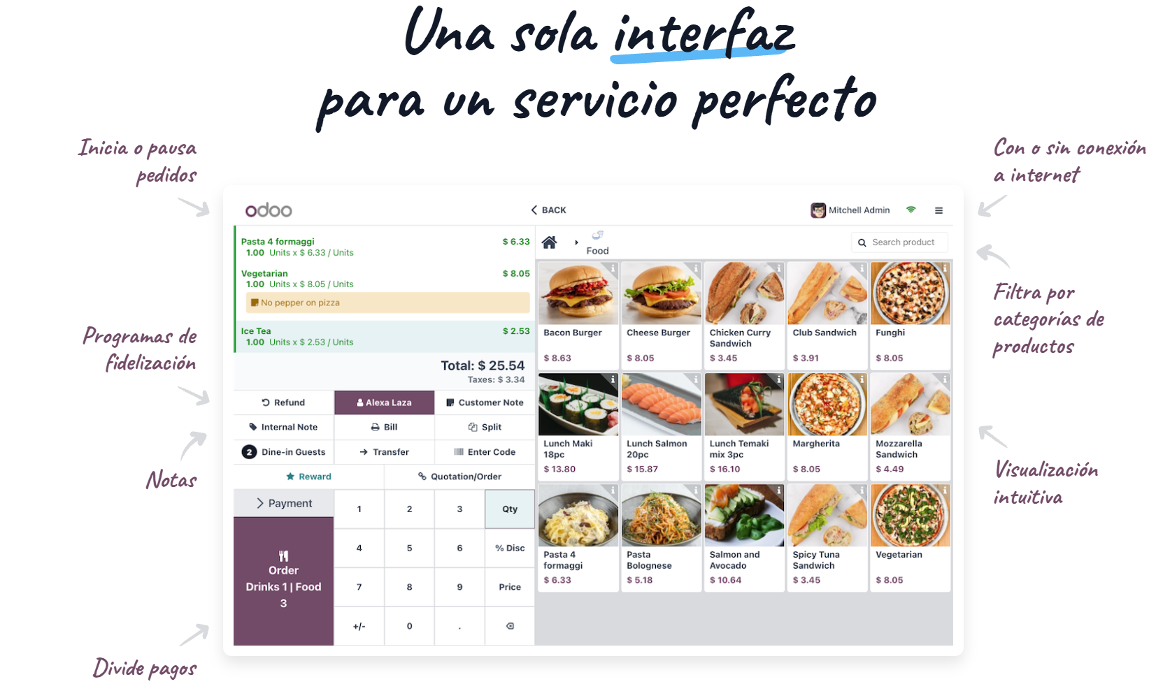 TPV táctil Odoo en restaurante con gestión de mesas y comandas en pantalla